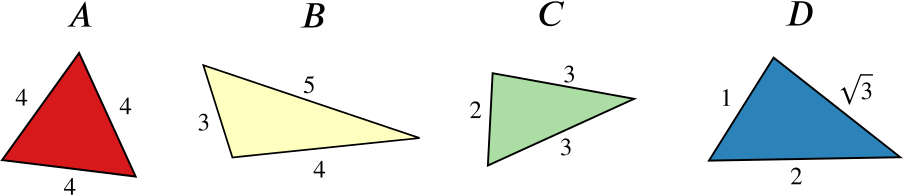 Diagram shows triangles A with sides 4,4,4, B with sides 3,4,5, C with sides 3,3,2 and D with sides 2,root 3,1