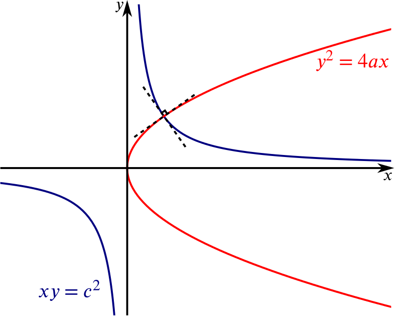 Graph of the two curves. One is a parabola on its side, and the other is y = 1 over x. They cross once.