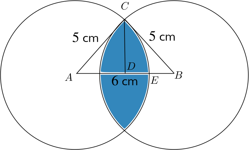 the two circles with the common area marked, together with lines form the centres to the intersection points to create a triangle