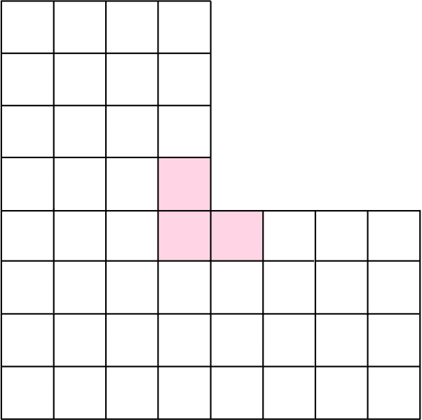 L shaped board, made from three 4 by 4 boards, with the three squares closest to the centre shaded pink