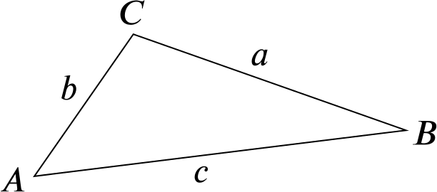 A triangle with vertices A, B, and C, and sides (opposite to respective vertices) of length a, b, and c.