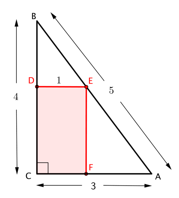 We name the rectangle C D E F with D on B C and F on C A.