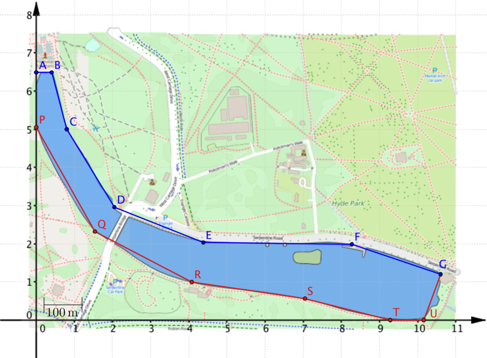 Map showing Serpentine lake with boundary points joining to form a polygon