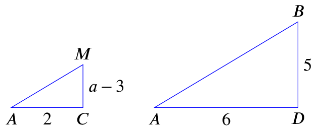 Triangles AMC and ABD with side-lengths filled in