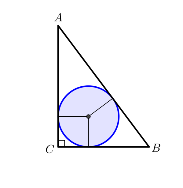 Triangle now has vertices A,B,C and three perpendiculars have been added that touch at the centre of the circle