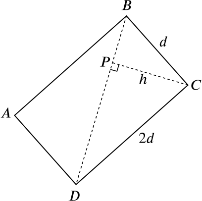 The rectangle ABCD with the diagonal BD, and a line drawn from C which meets BD at a right angle, at a point P. The length of BC is d, and the length of PC is h.