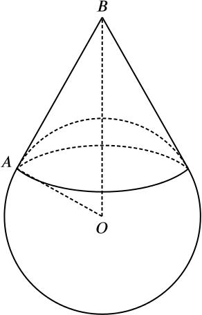 The sphere and cone described in the question; the point $B$ is the apex of the cone and $A$ lies on the intersection between the sphere and the base circle of the cone.