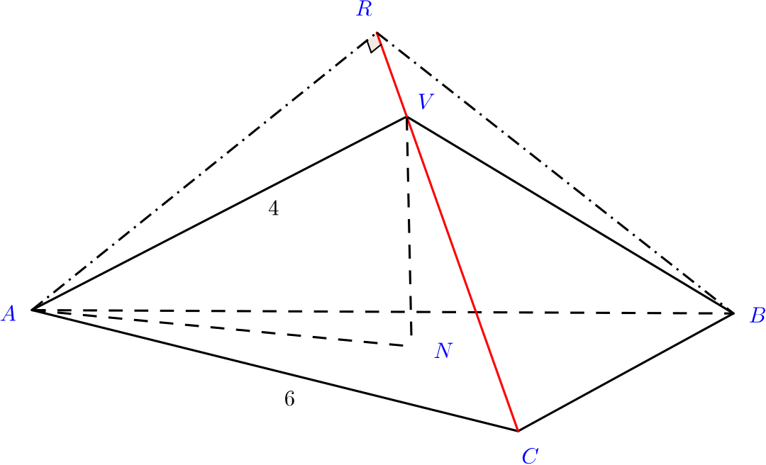 The point R built on the pyramid. Lengths: AC = 6, AV = 4.